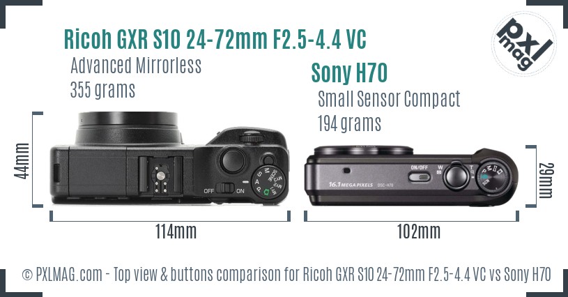 Ricoh GXR S10 24-72mm F2.5-4.4 VC vs Sony H70 top view buttons comparison