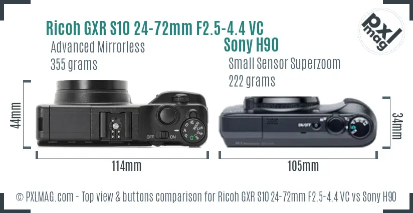 Ricoh GXR S10 24-72mm F2.5-4.4 VC vs Sony H90 top view buttons comparison