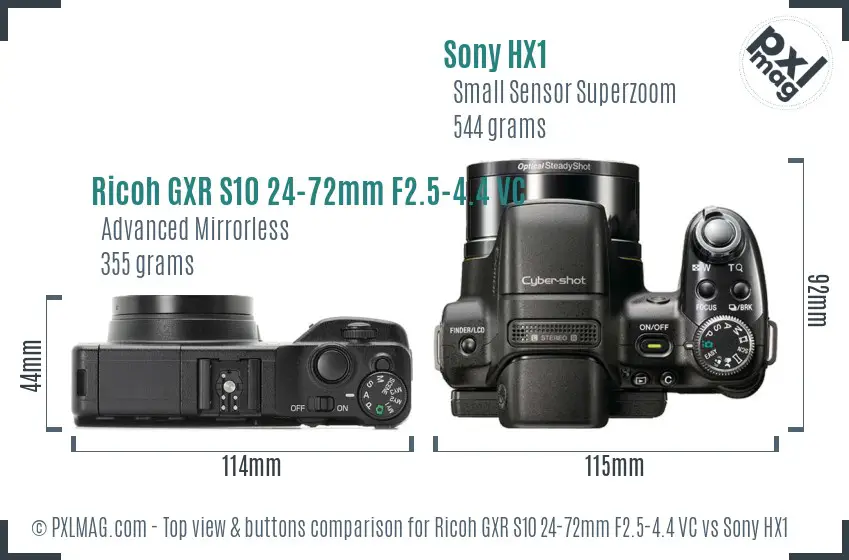 Ricoh GXR S10 24-72mm F2.5-4.4 VC vs Sony HX1 top view buttons comparison Ricoh GXR S10 24-72mm F2.5-4.4 VC vs Sony HX1 top view buttons comparison