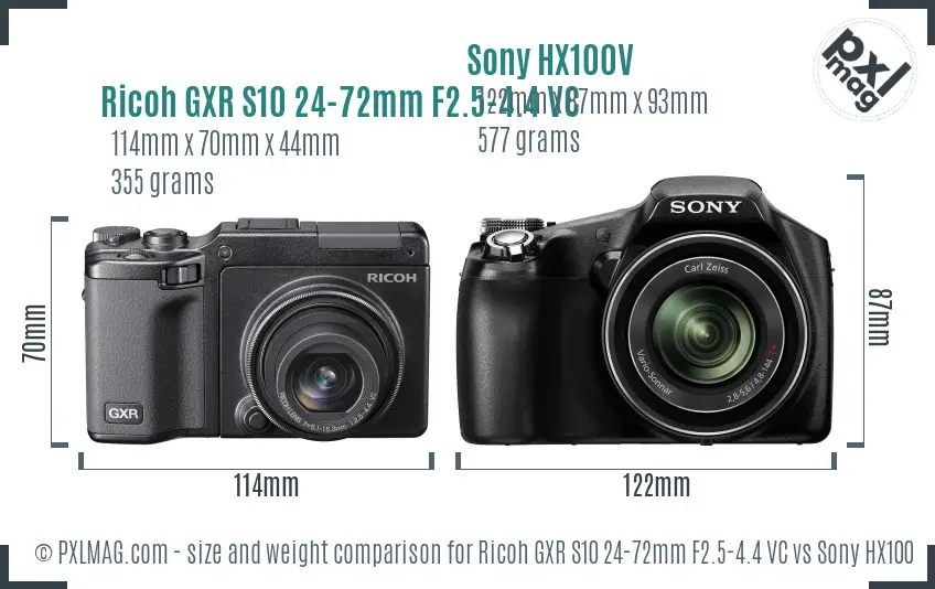 Ricoh GXR S10 24-72mm F2.5-4.4 VC vs Sony HX100V size comparison