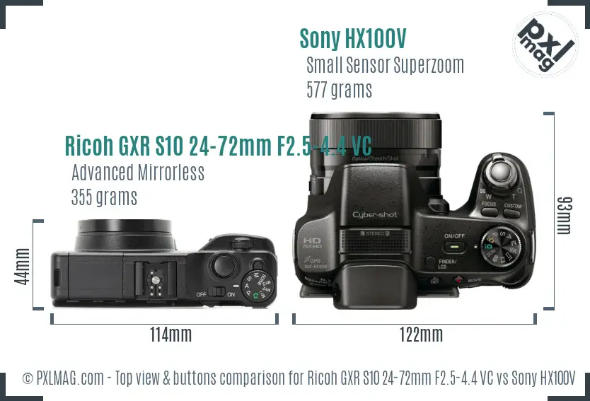 Ricoh GXR S10 24-72mm F2.5-4.4 VC vs Sony HX100V top view buttons comparison
