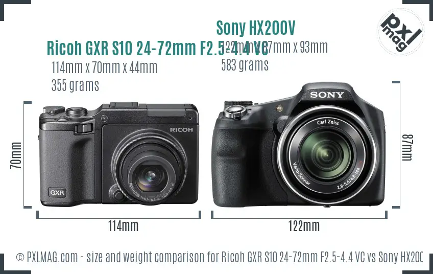 Ricoh GXR S10 24-72mm F2.5-4.4 VC vs Sony HX200V size comparison