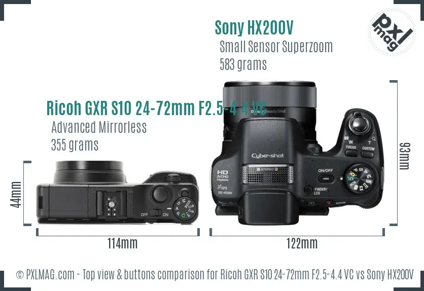 Ricoh GXR S10 24-72mm F2.5-4.4 VC vs Sony HX200V top view buttons comparison