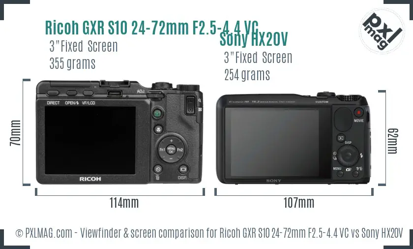 Ricoh GXR S10 24-72mm F2.5-4.4 VC vs Sony HX20V Screen and Viewfinder comparison