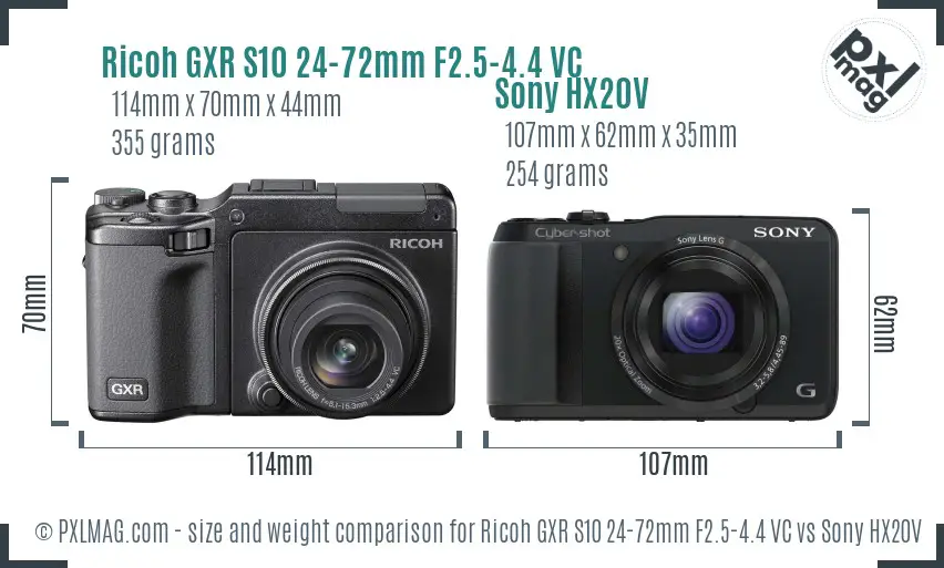 Ricoh GXR S10 24-72mm F2.5-4.4 VC vs Sony HX20V size comparison