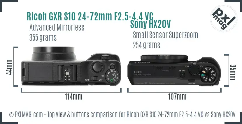 Ricoh GXR S10 24-72mm F2.5-4.4 VC vs Sony HX20V top view buttons comparison