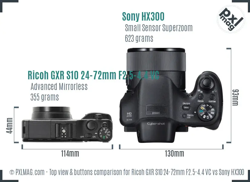 Ricoh GXR S10 24-72mm F2.5-4.4 VC vs Sony HX300 top view buttons comparison