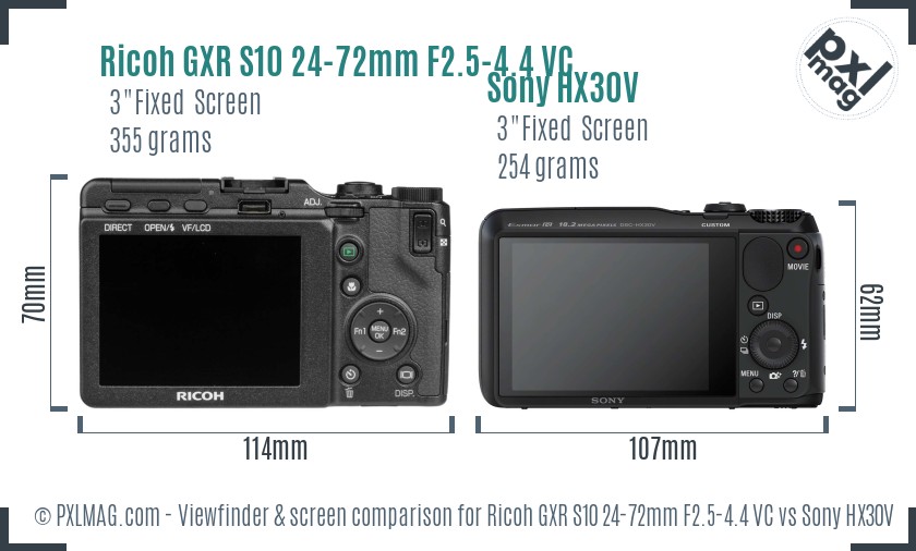 Ricoh GXR S10 24-72mm F2.5-4.4 VC vs Sony HX30V Screen and Viewfinder comparison