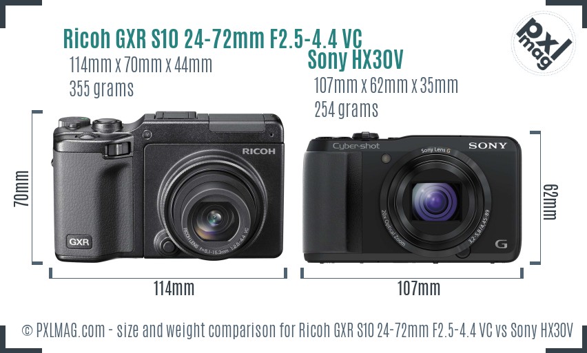 Ricoh GXR S10 24-72mm F2.5-4.4 VC vs Sony HX30V size comparison