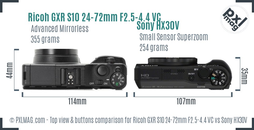 Ricoh GXR S10 24-72mm F2.5-4.4 VC vs Sony HX30V top view buttons comparison