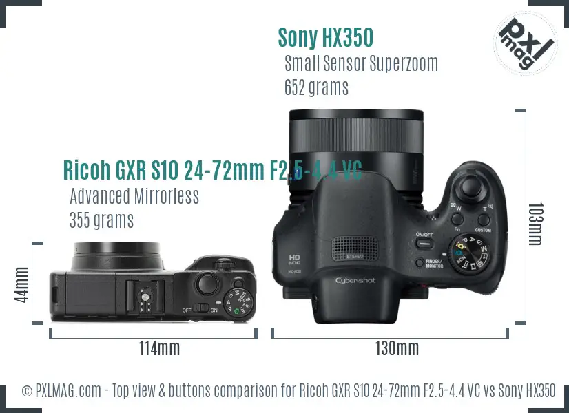Ricoh GXR S10 24-72mm F2.5-4.4 VC vs Sony HX350 top view buttons comparison Ricoh GXR S10 24-72mm F2.5-4.4 VC vs Sony HX350 top view buttons comparison