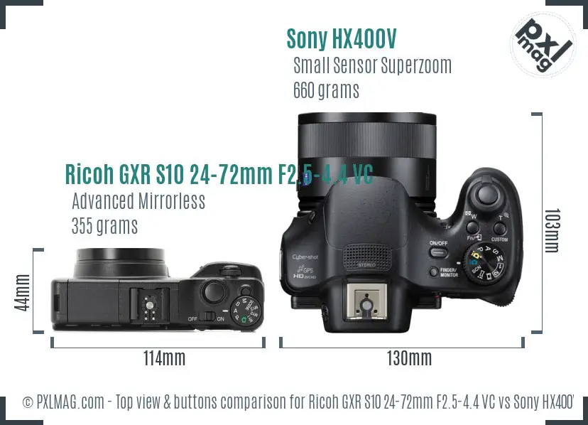 Ricoh GXR S10 24-72mm F2.5-4.4 VC vs Sony HX400V top view buttons comparison