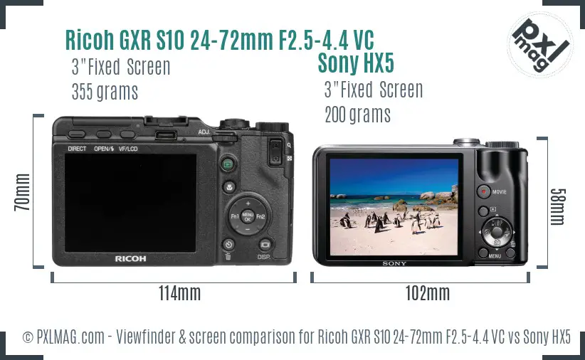 Ricoh GXR S10 24-72mm F2.5-4.4 VC vs Sony HX5 Screen and Viewfinder comparison