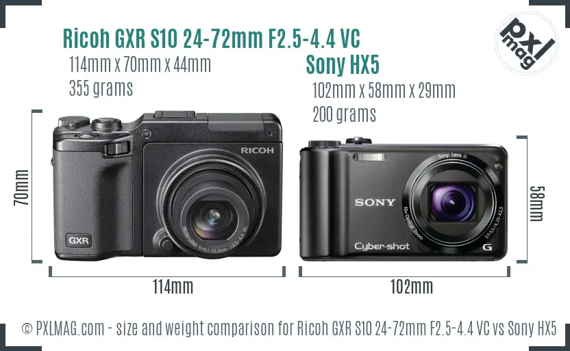 Ricoh GXR S10 24-72mm F2.5-4.4 VC vs Sony HX5 size comparison