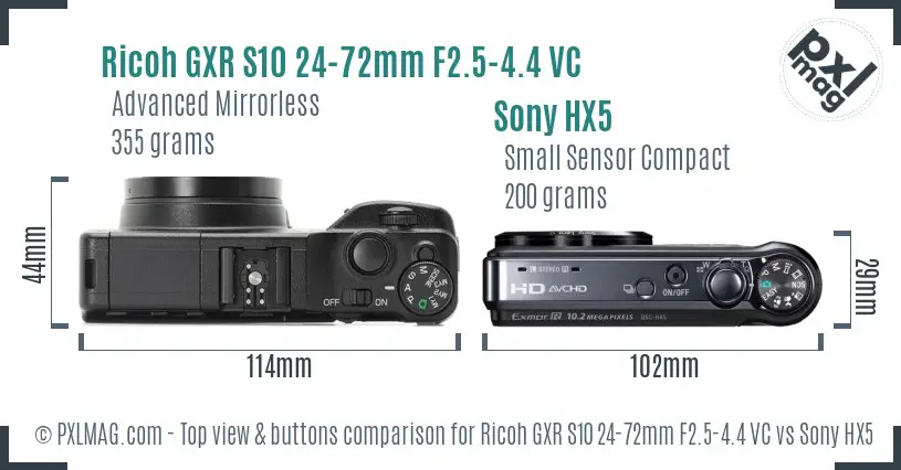 Ricoh GXR S10 24-72mm F2.5-4.4 VC vs Sony HX5 top view buttons comparison