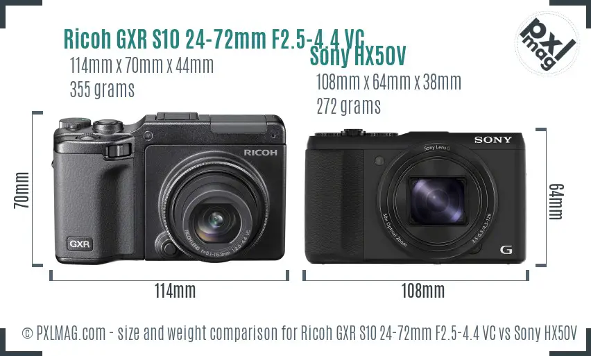 Ricoh GXR S10 24-72mm F2.5-4.4 VC vs Sony HX50V size comparison
