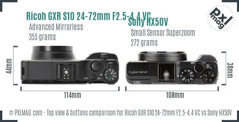 Ricoh GXR S10 24-72mm F2.5-4.4 VC vs Sony HX50V top view buttons comparison
