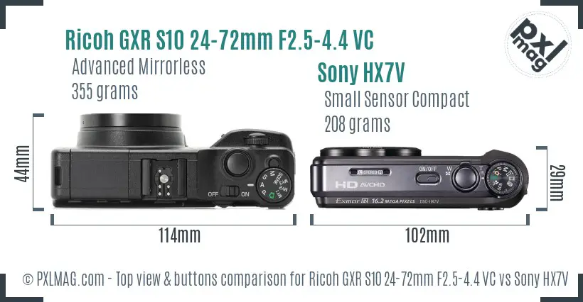 Ricoh GXR S10 24-72mm F2.5-4.4 VC vs Sony HX7V top view buttons comparison Ricoh GXR S10 24-72mm F2.5-4.4 VC vs Sony HX7V top view buttons comparison