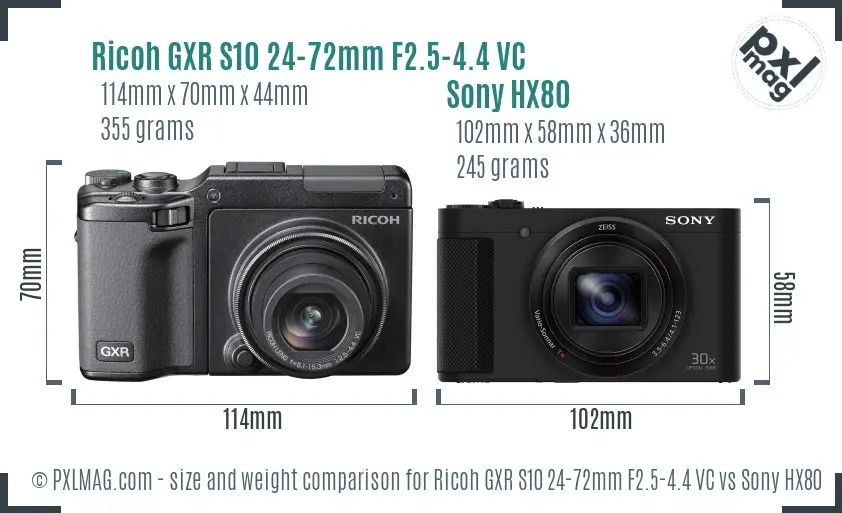 Ricoh GXR S10 24-72mm F2.5-4.4 VC vs Sony HX80 size comparison