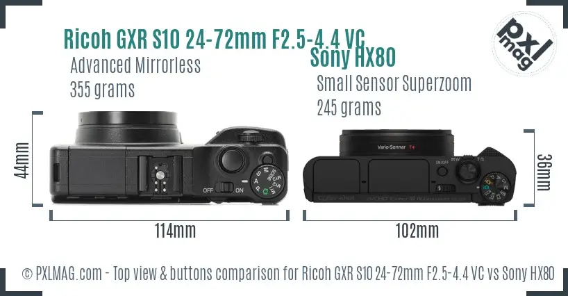 Ricoh GXR S10 24-72mm F2.5-4.4 VC vs Sony HX80 top view buttons comparison