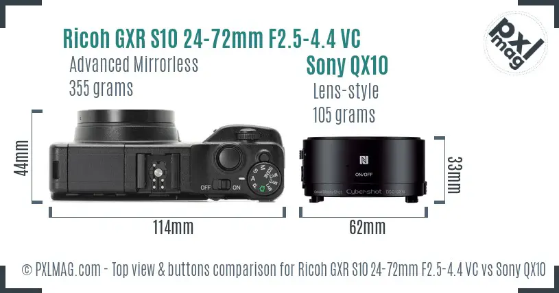 Ricoh GXR S10 24-72mm F2.5-4.4 VC vs Sony QX10 top view buttons comparison