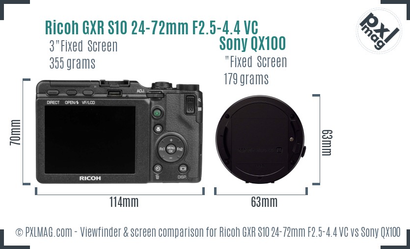 Ricoh GXR S10 24-72mm F2.5-4.4 VC vs Sony QX100 Screen and Viewfinder comparison