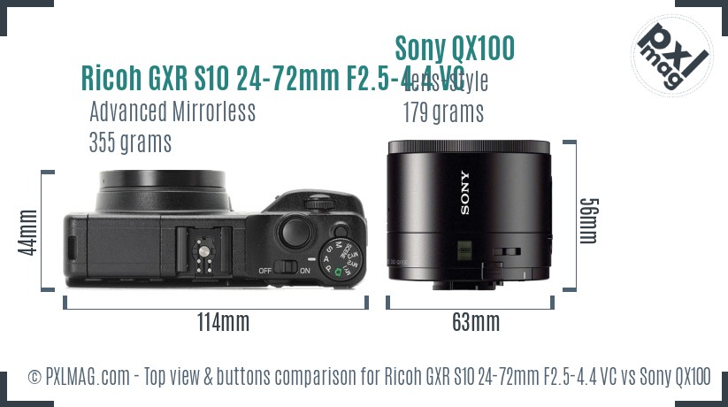 Ricoh GXR S10 24-72mm F2.5-4.4 VC vs Sony QX100 top view buttons comparison