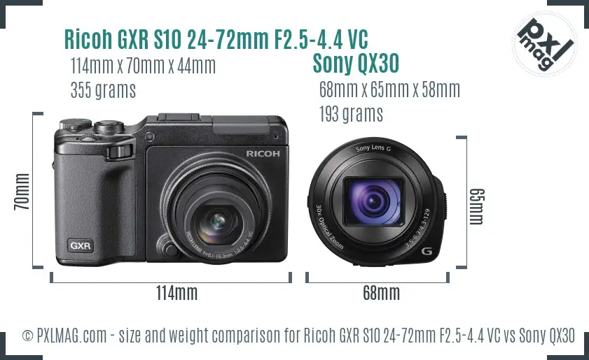 Ricoh GXR S10 24-72mm F2.5-4.4 VC vs Sony QX30 size comparison