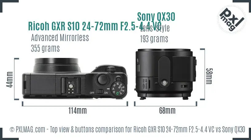 Ricoh GXR S10 24-72mm F2.5-4.4 VC vs Sony QX30 top view buttons comparison