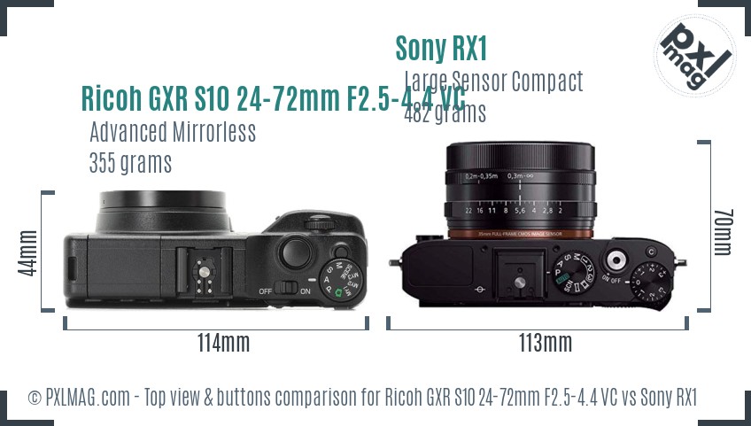 Ricoh GXR S10 24-72mm F2.5-4.4 VC vs Sony RX1 top view buttons comparison