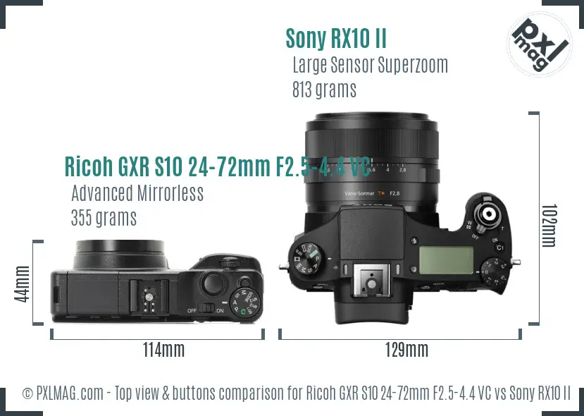 Ricoh GXR S10 24-72mm F2.5-4.4 VC vs Sony RX10 II top view buttons comparison