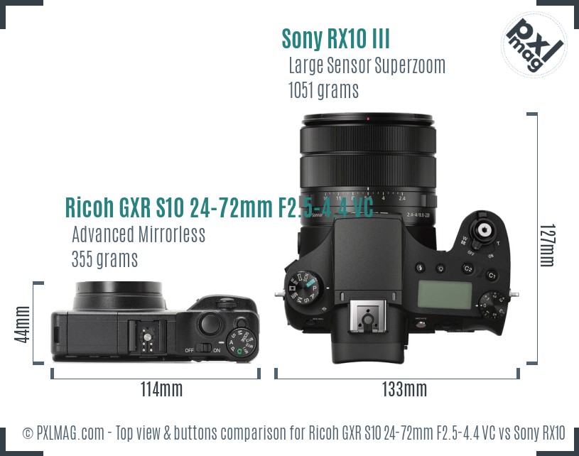 Ricoh GXR S10 24-72mm F2.5-4.4 VC vs Sony RX10 III top view buttons comparison