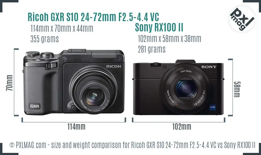 Ricoh GXR S10 24-72mm F2.5-4.4 VC vs Sony RX100 II size comparison