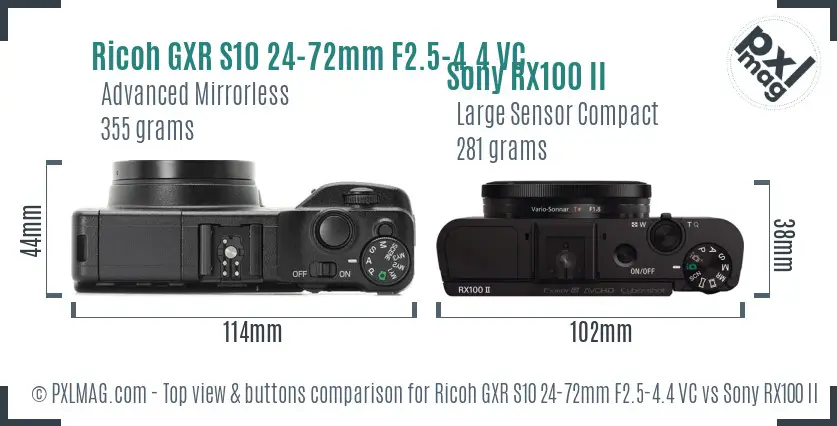 Ricoh GXR S10 24-72mm F2.5-4.4 VC vs Sony RX100 II top view buttons comparison