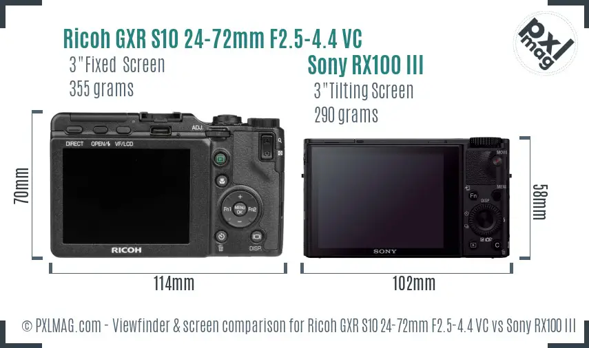 Ricoh GXR S10 24-72mm F2.5-4.4 VC vs Sony RX100 III Screen and Viewfinder comparison