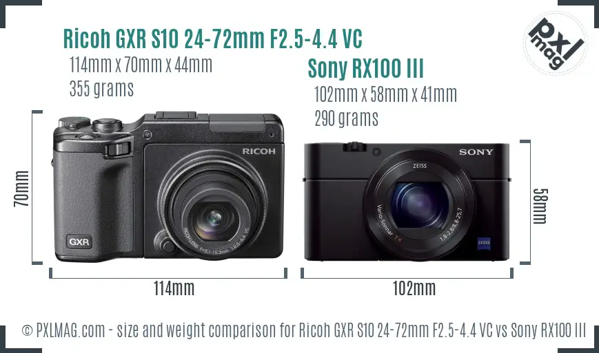 Ricoh GXR S10 24-72mm F2.5-4.4 VC vs Sony RX100 III size comparison