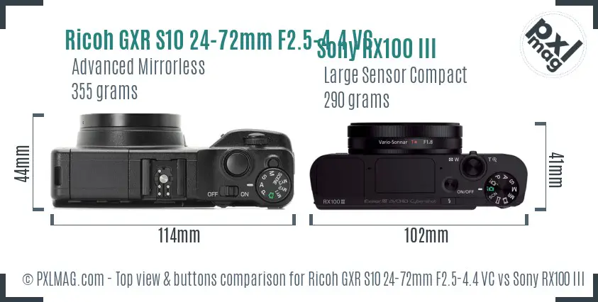 Ricoh GXR S10 24-72mm F2.5-4.4 VC vs Sony RX100 III top view buttons comparison