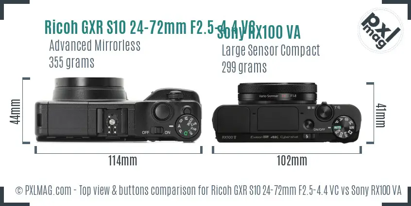 Ricoh GXR S10 24-72mm F2.5-4.4 VC vs Sony RX100 VA top view buttons comparison