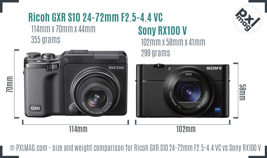 Ricoh GXR S10 24-72mm F2.5-4.4 VC vs Sony RX100 V size comparison