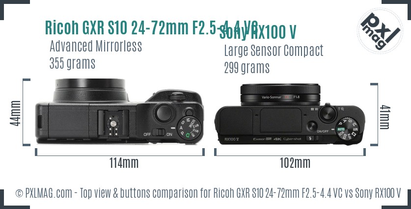 Ricoh GXR S10 24-72mm F2.5-4.4 VC vs Sony RX100 V top view buttons comparison