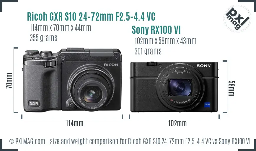 Ricoh GXR S10 24-72mm F2.5-4.4 VC vs Sony RX100 VI size comparison