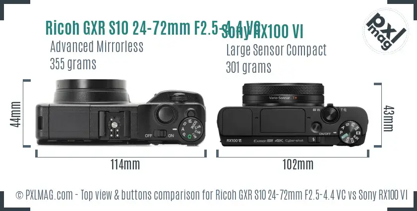 Ricoh GXR S10 24-72mm F2.5-4.4 VC vs Sony RX100 VI top view buttons comparison