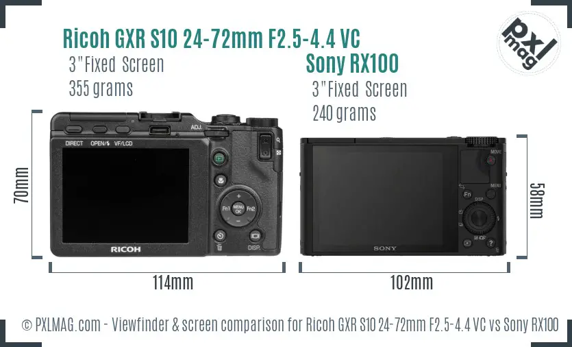 Ricoh GXR S10 24-72mm F2.5-4.4 VC vs Sony RX100 Screen and Viewfinder comparison