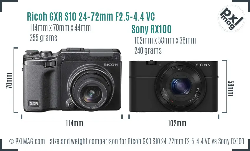 Ricoh GXR S10 24-72mm F2.5-4.4 VC vs Sony RX100 size comparison