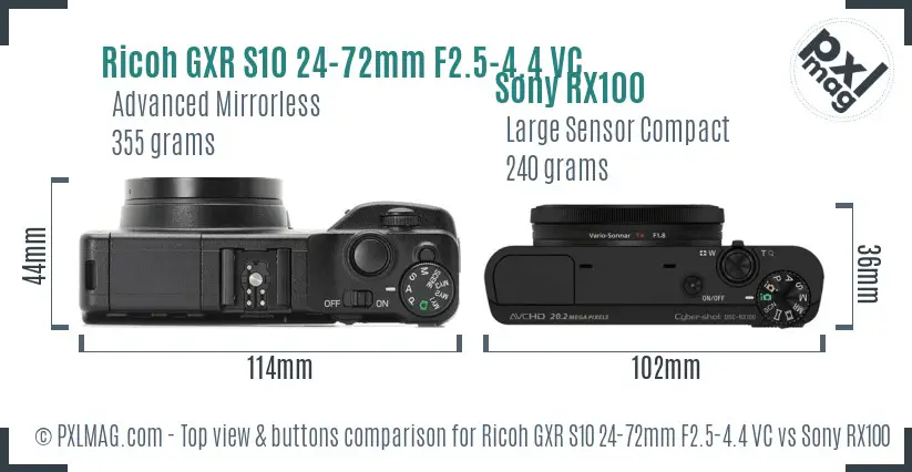 Ricoh GXR S10 24-72mm F2.5-4.4 VC vs Sony RX100 top view buttons comparison