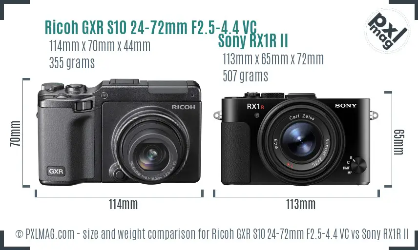 Ricoh GXR S10 24-72mm F2.5-4.4 VC vs Sony RX1R II size comparison