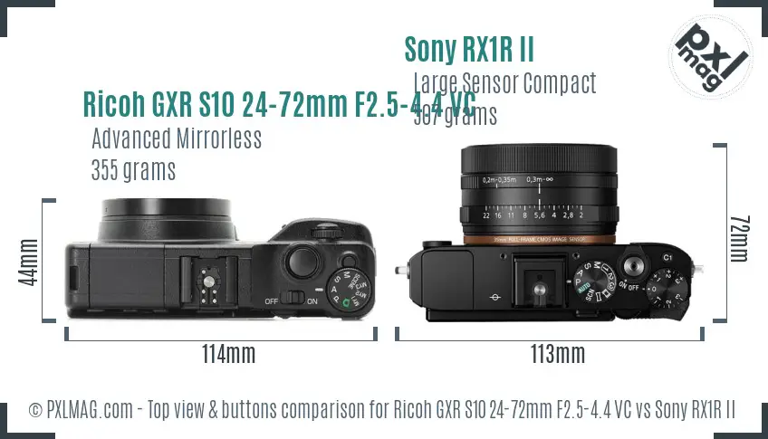 Ricoh GXR S10 24-72mm F2.5-4.4 VC vs Sony RX1R II top view buttons comparison
