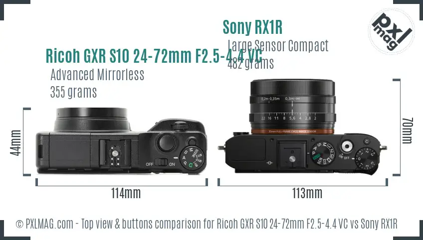Ricoh GXR S10 24-72mm F2.5-4.4 VC vs Sony RX1R top view buttons comparison