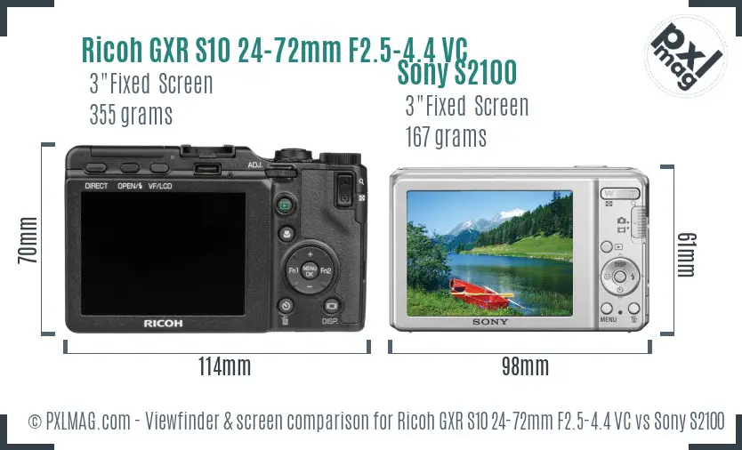 Ricoh GXR S10 24-72mm F2.5-4.4 VC vs Sony S2100 Screen and Viewfinder comparison