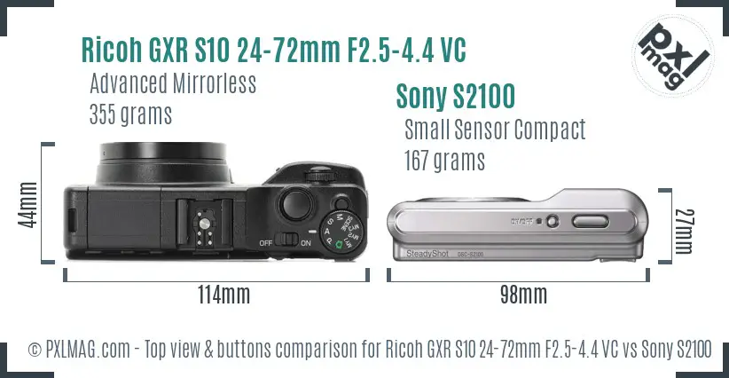 Ricoh GXR S10 24-72mm F2.5-4.4 VC vs Sony S2100 top view buttons comparison
